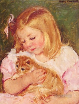 seated man holding a branch Painting - Sara Holding A Cat mothers children Mary Cassatt
